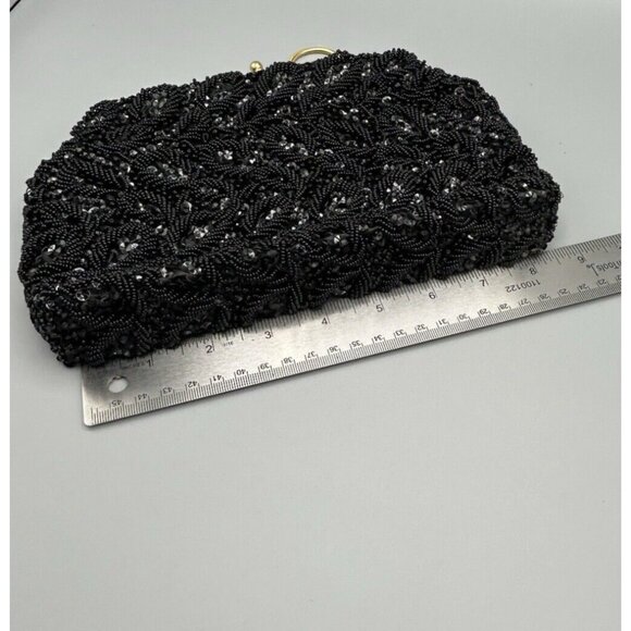 Evening Bag Black Beaded Kiss Lock Rhinestones Gold Chain Sequins See Photos Vtg - Picture 8 of 12
